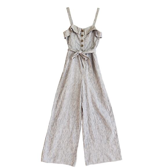 American Eagle Womens Striped Wide Leg Jumpsuit Size 2 Tie Waist Cotton Nautical - Picture 2 of 13